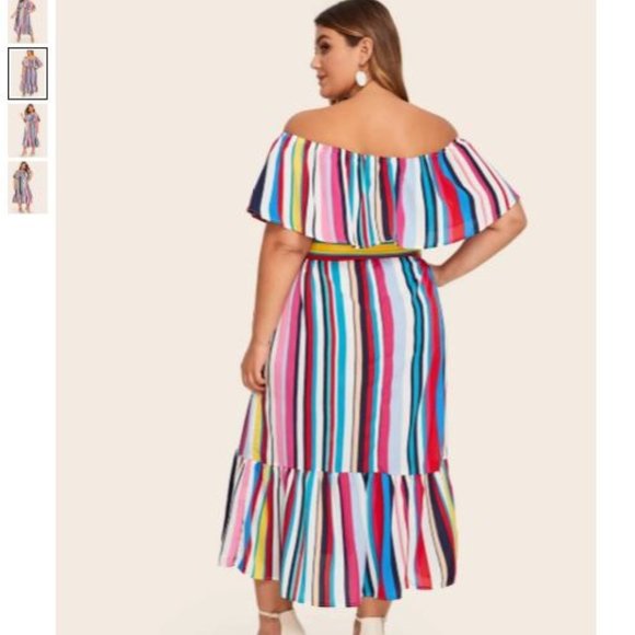 Plus Off Shoulder Flounce Hem Striped Belted - Picture 4 of 4